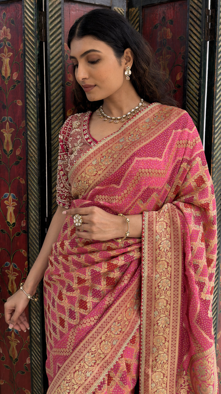 Rani Pink Designer Weaving Saree with Rich Zari Geometric Weave & Grand Woven Pallu