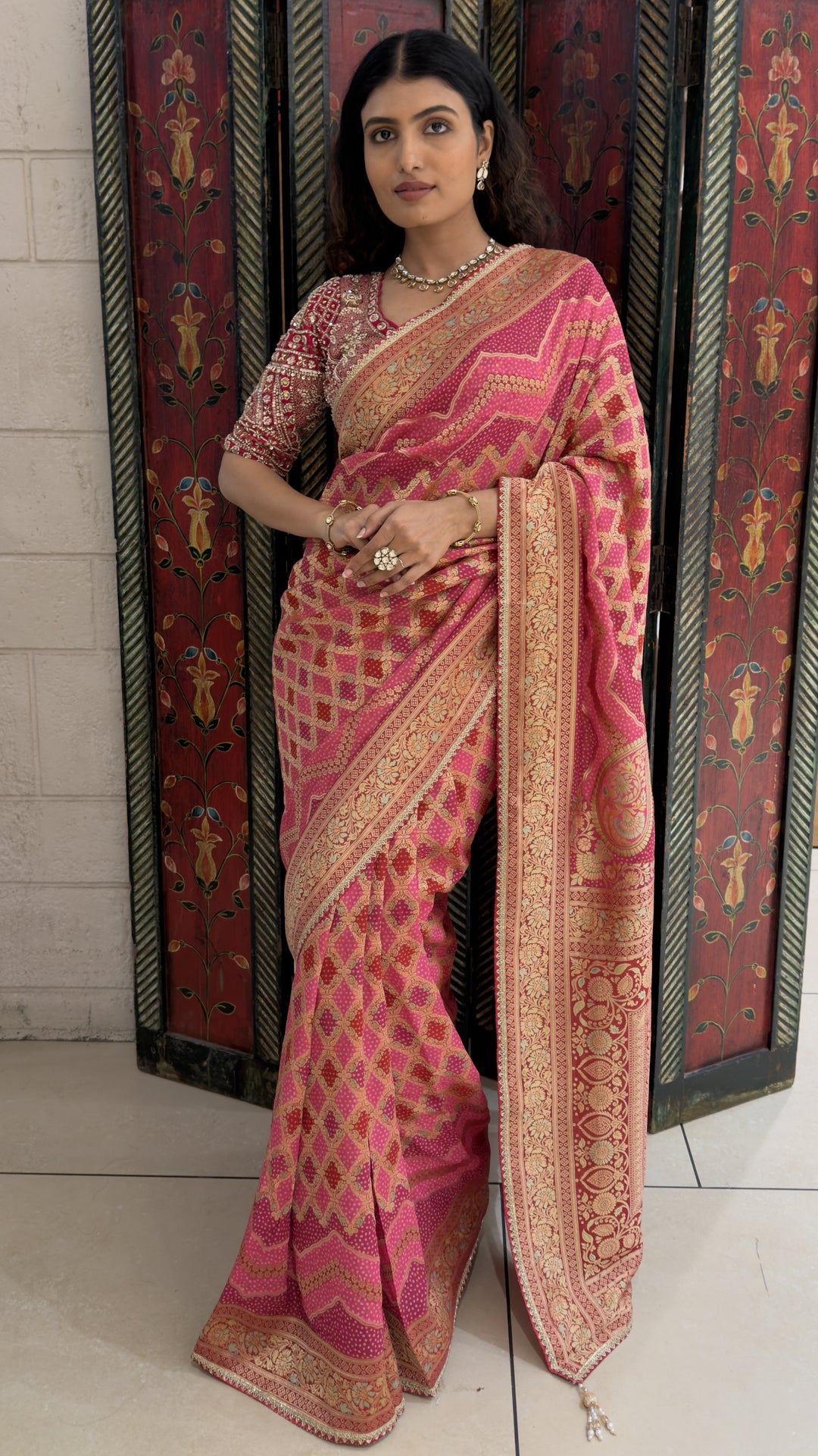 Rani Pink Designer Weaving Saree with Rich Zari Geometric Weave & Grand Woven Pallu