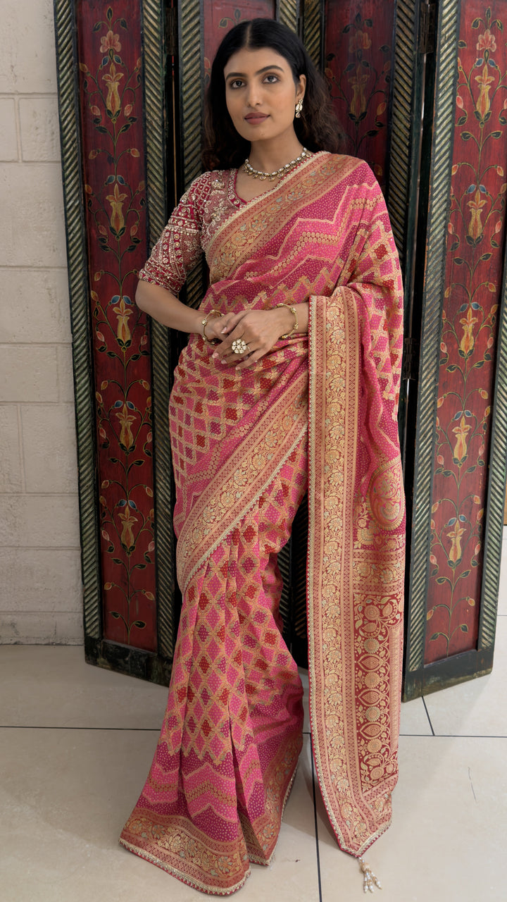 Rani Pink Designer Weaving Saree with Rich Zari Geometric Weave & Grand Woven Pallu