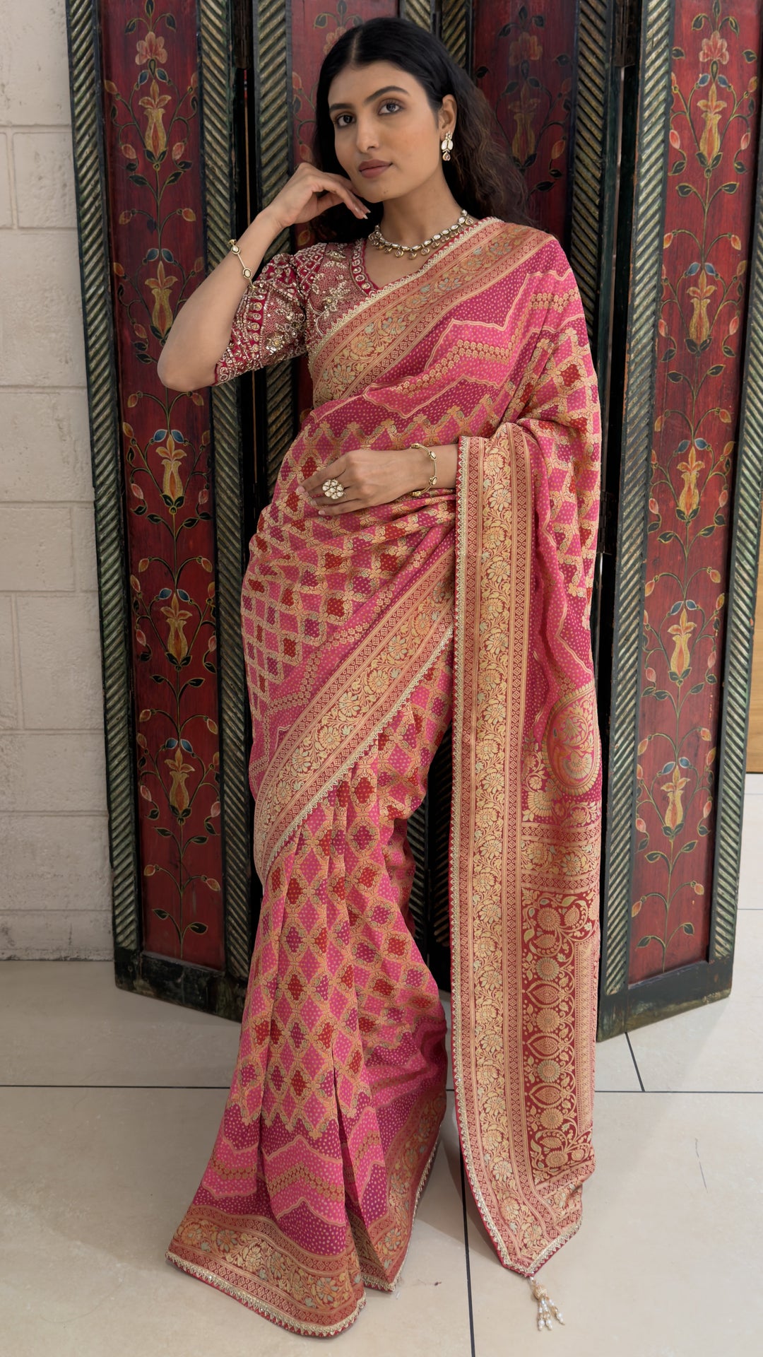 Rani Pink Designer Weaving Saree with Rich Zari Geometric Weave & Grand Woven Pallu