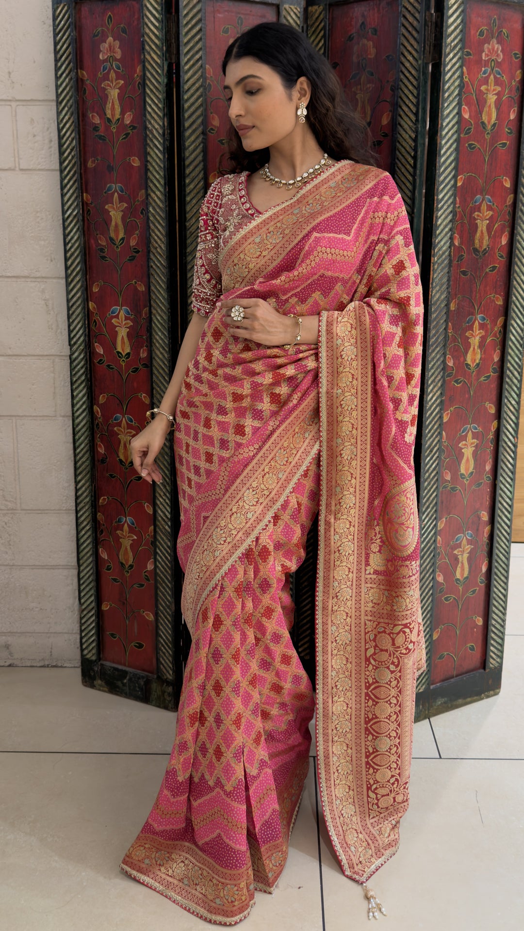 Rani Pink Designer Weaving Saree with Rich Zari Geometric Weave & Grand Woven Pallu