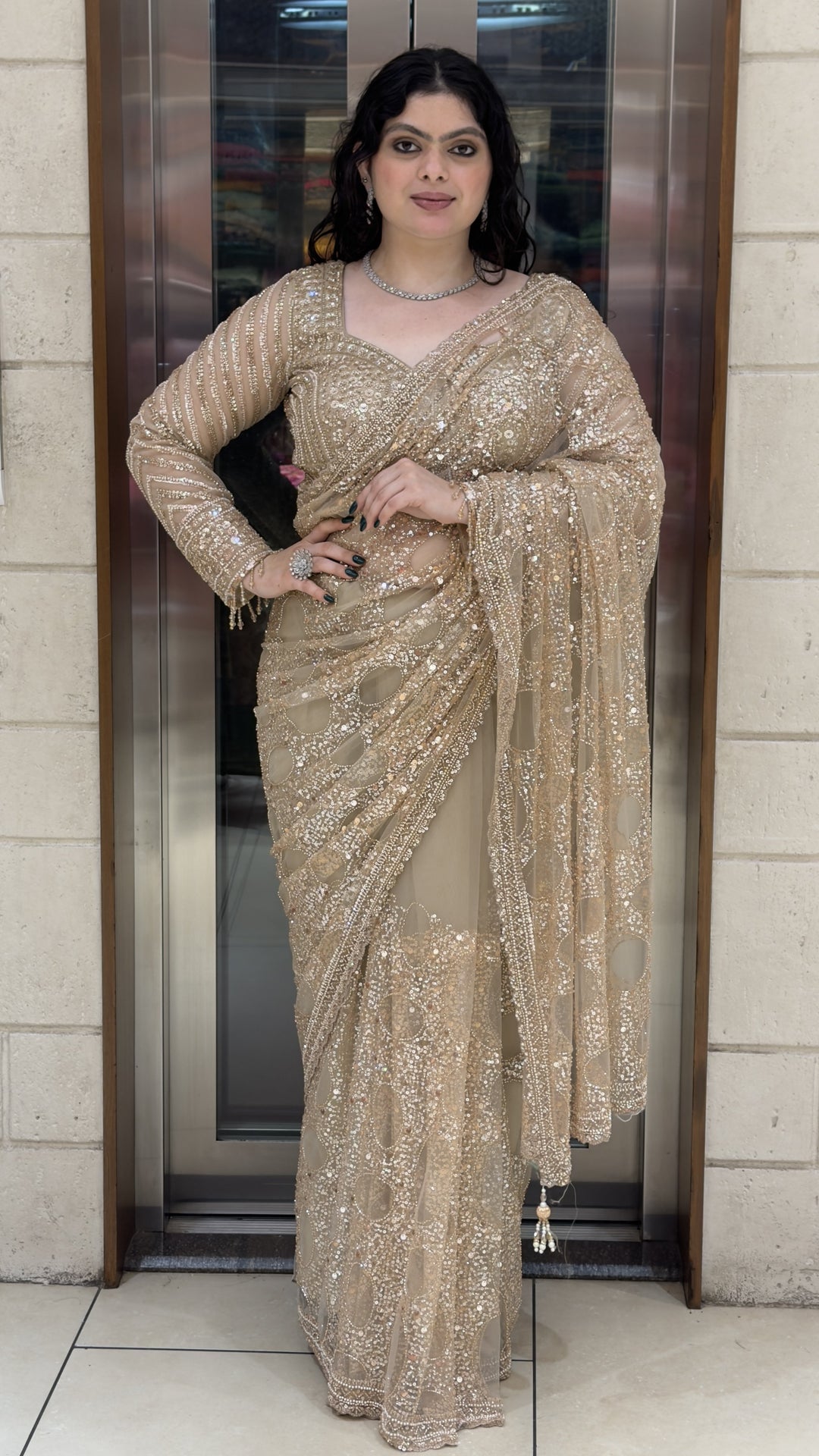 Champagne Gold Designer Net Saree with Heavy Sequins & Hand Embellished Work
