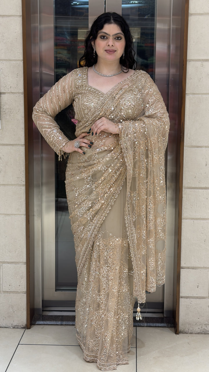 Champagne Gold Designer Net Saree with Heavy Sequins & Hand Embellished Work