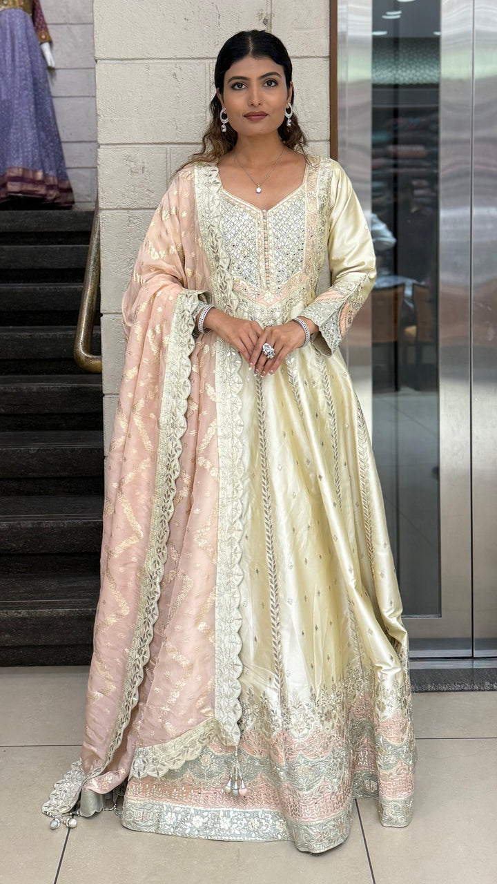 Ivory Gold Embroidered Designer Anarkali Gown with Blush Pink Dupatta