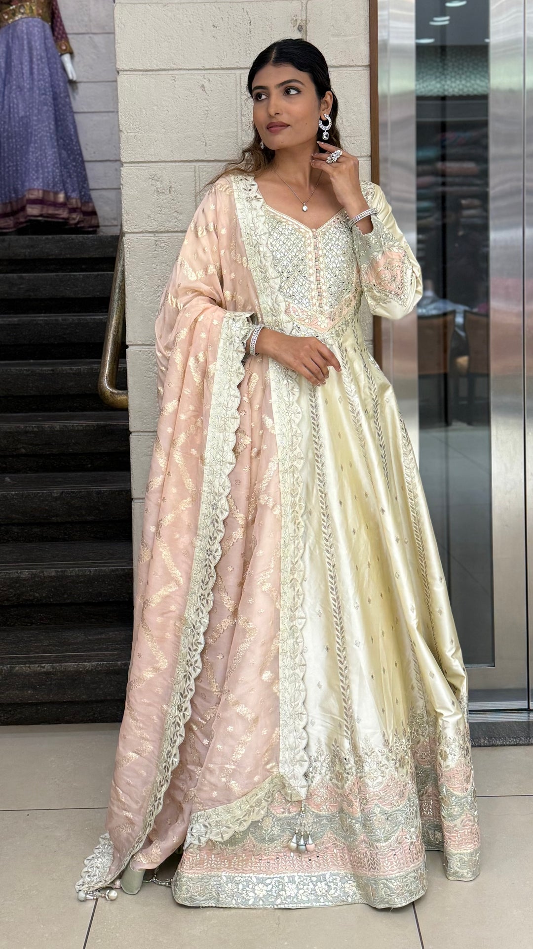 Ivory Gold Embroidered Designer Anarkali Gown with Blush Pink Dupatta