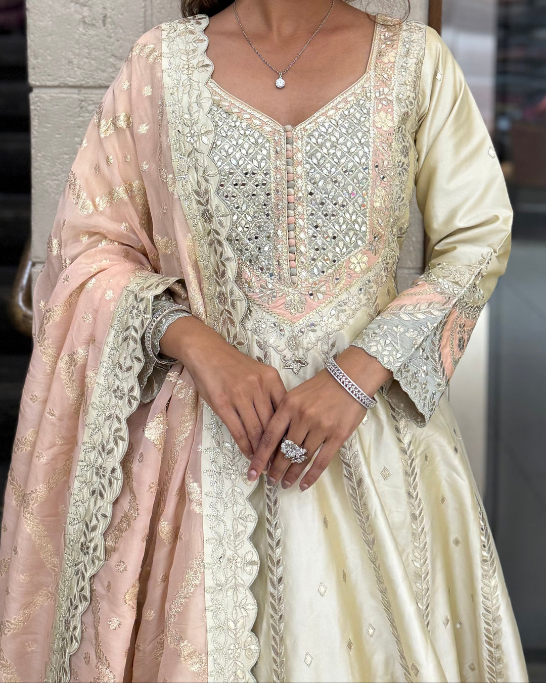 Ivory Gold Embroidered Designer Anarkali Gown with Blush Pink Dupatta