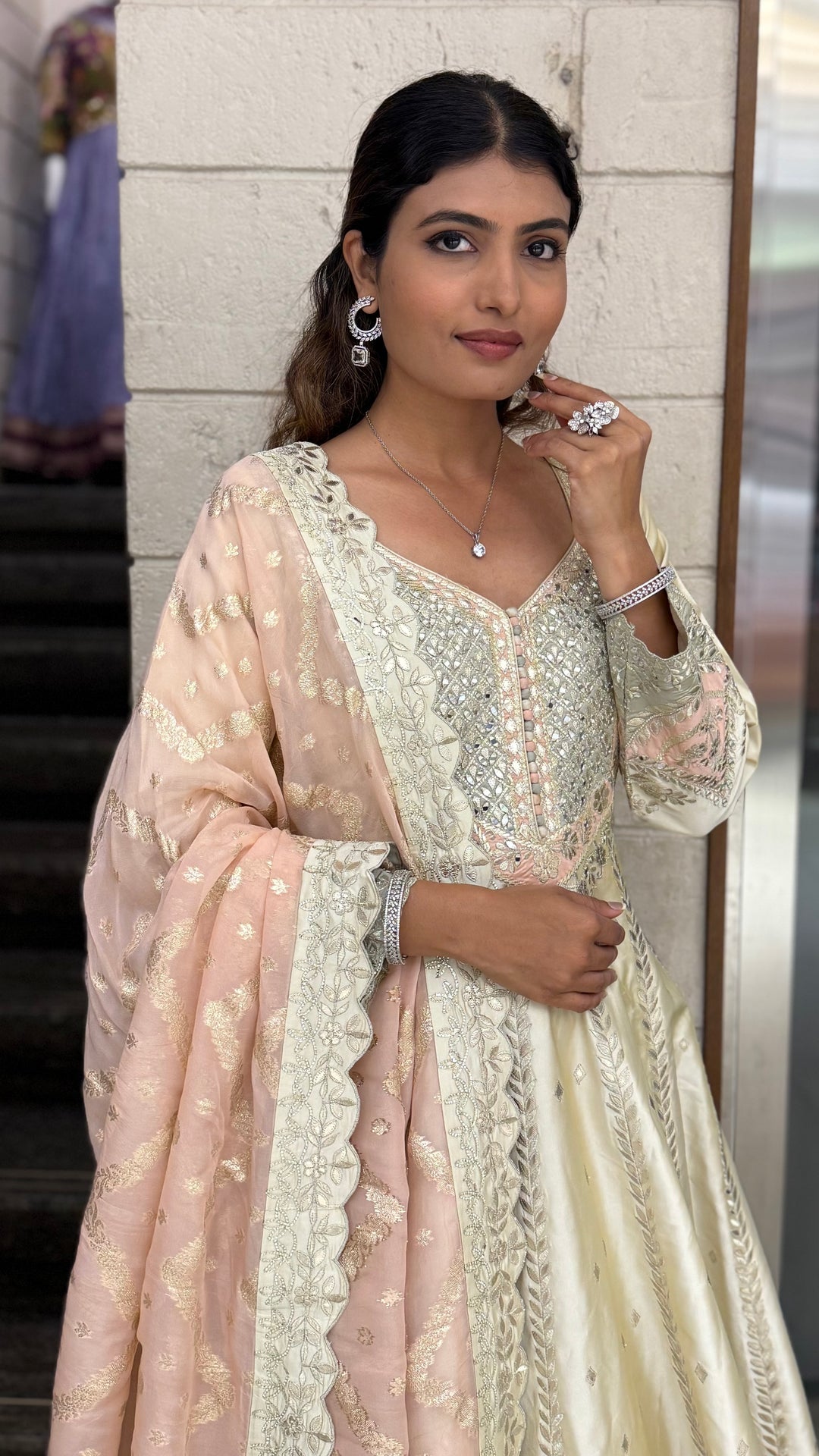 Ivory Gold Embroidered Designer Anarkali Gown with Blush Pink Dupatta