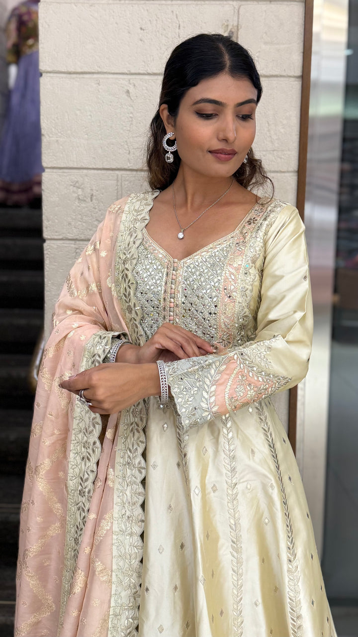 Ivory Gold Embroidered Designer Anarkali Gown with Blush Pink Dupatta