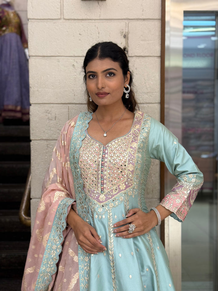 Pastel Blue & Blush Pink Embroidered Designer Anarkali Suit with Dupatta
