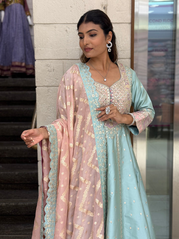 Pastel Blue & Blush Pink Embroidered Designer Anarkali Suit with Dupatta