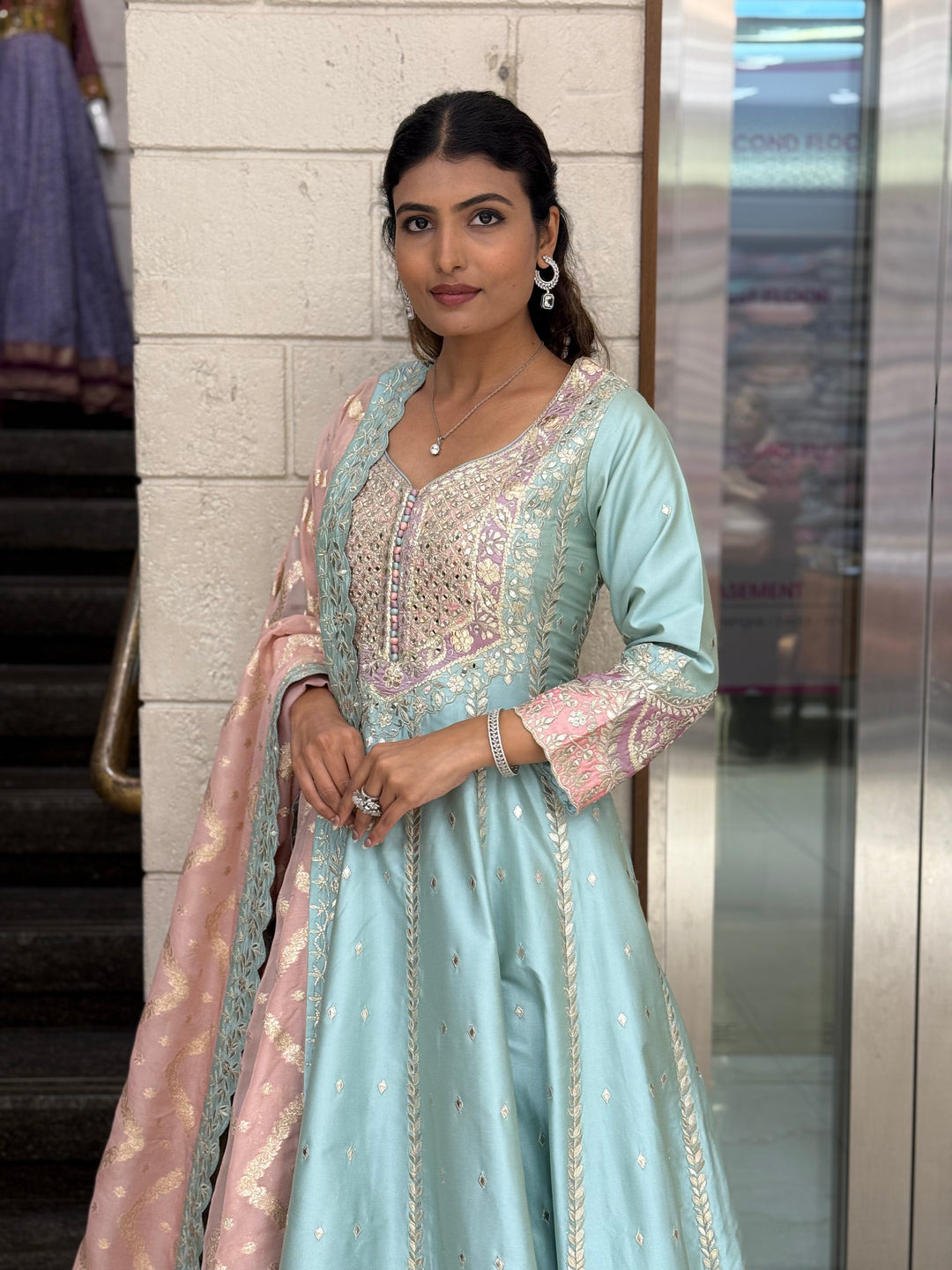 Pastel Blue & Blush Pink Embroidered Designer Anarkali Suit with Dupatta