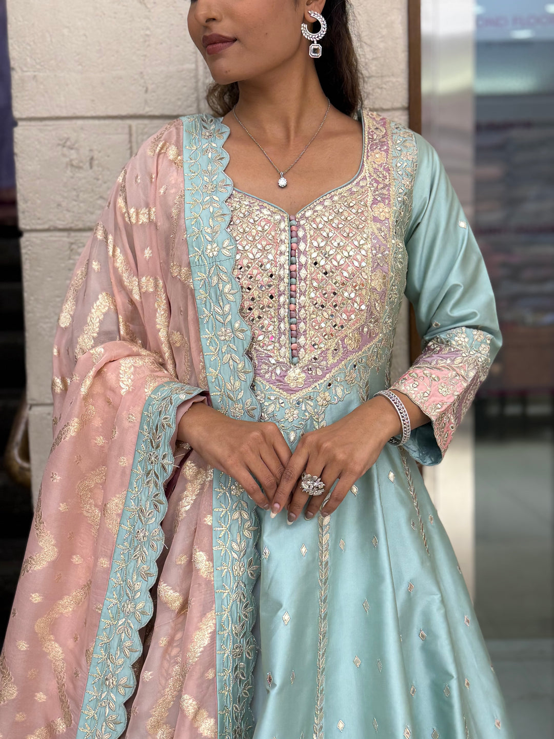 Pastel Blue & Blush Pink Embroidered Designer Anarkali Suit with Dupatta