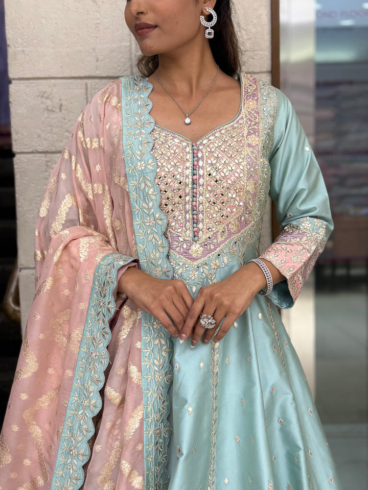Pastel Blue & Blush Pink Embroidered Designer Anarkali Suit with Dupatta
