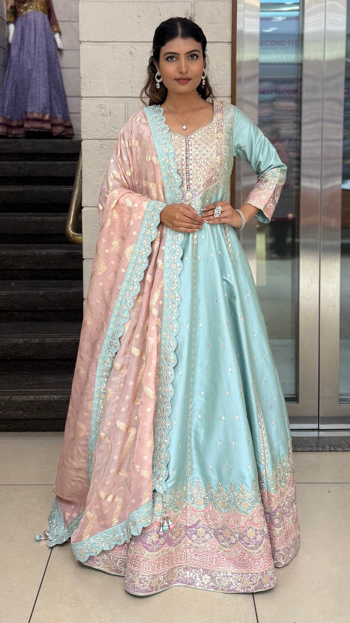 Pastel Blue & Blush Pink Embroidered Designer Anarkali Suit with Dupatta