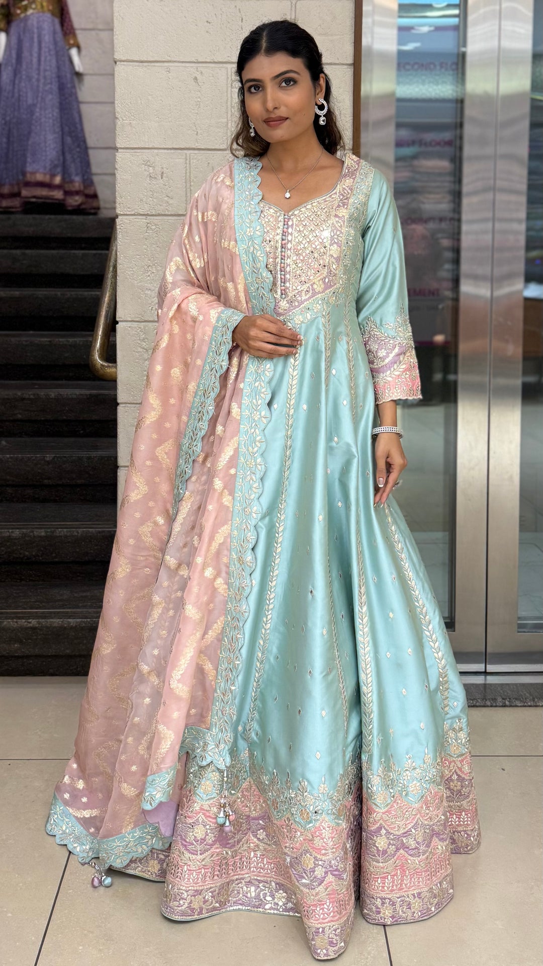 Pastel Blue & Blush Pink Embroidered Designer Anarkali Suit with Dupatta
