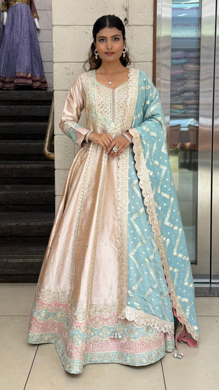 Blush Beige & Powder Blue Embroidered Designer Anarkali Gown with Dupatta