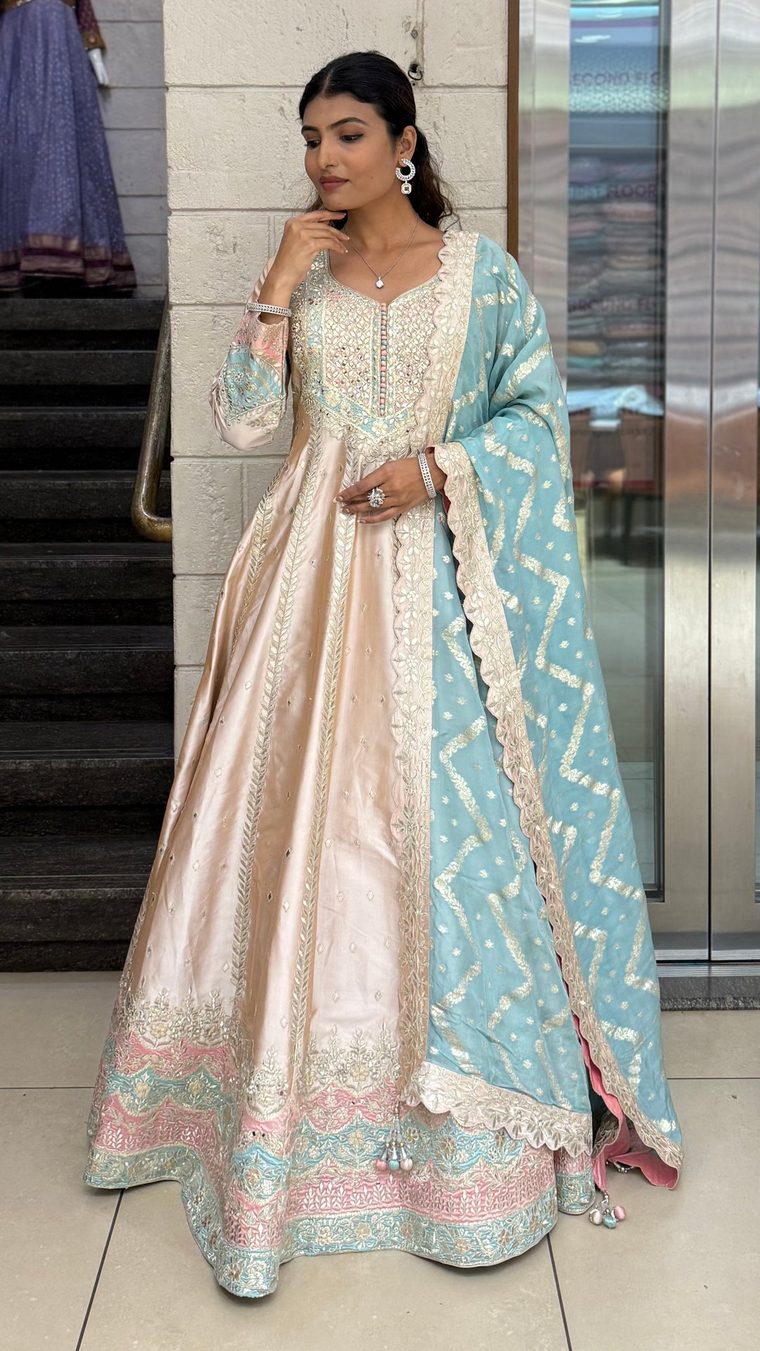 Blush Beige & Powder Blue Embroidered Designer Anarkali Gown with Dupatta