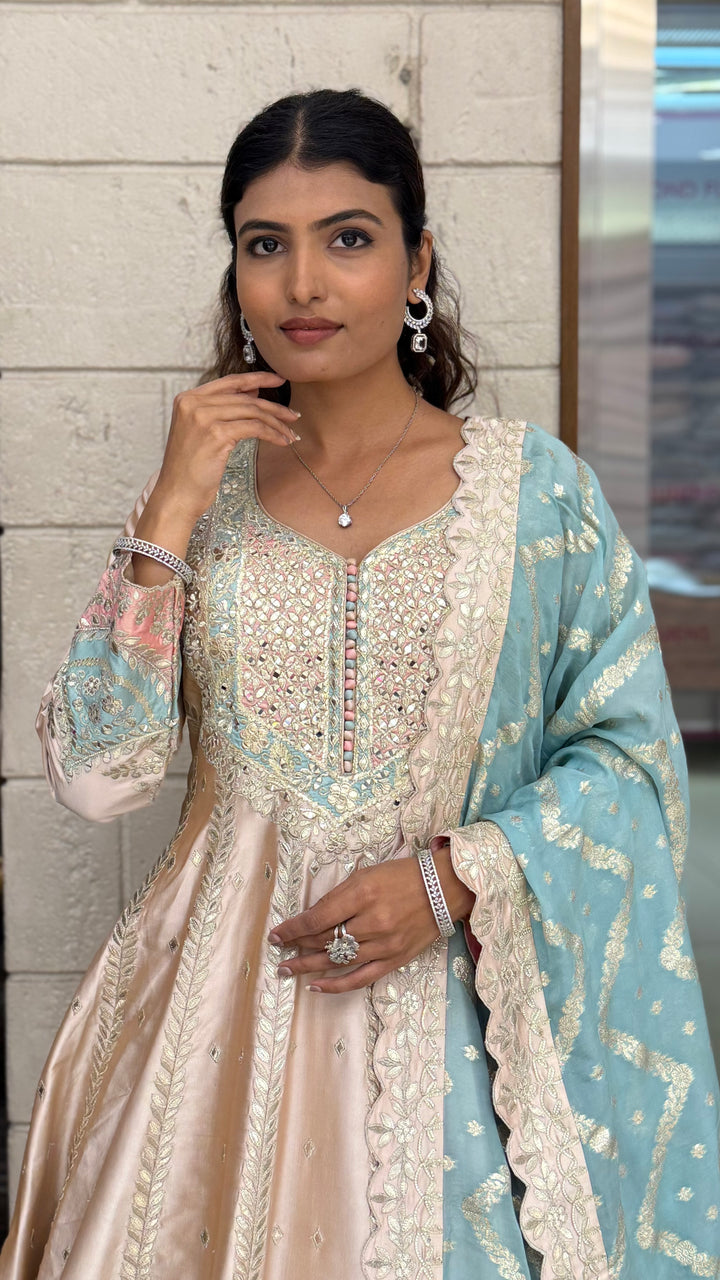 Blush Beige & Powder Blue Embroidered Designer Anarkali Gown with Dupatta