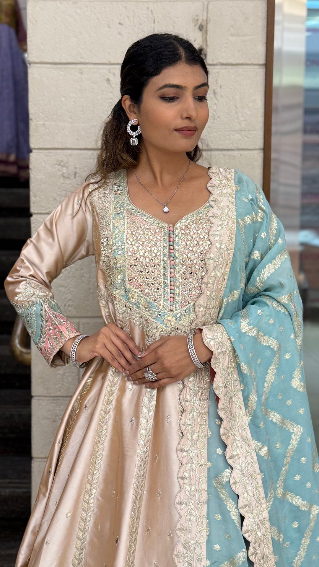 Blush Beige & Powder Blue Embroidered Designer Anarkali Gown with Dupatta