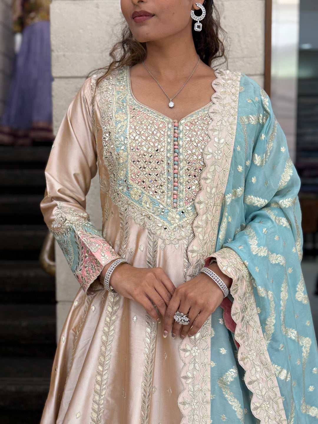 Blush Beige & Powder Blue Embroidered Designer Anarkali Gown with Dupatta