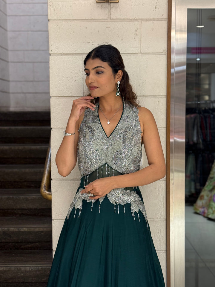 Silver Embellished Halter-Neck Designer Evening Gown