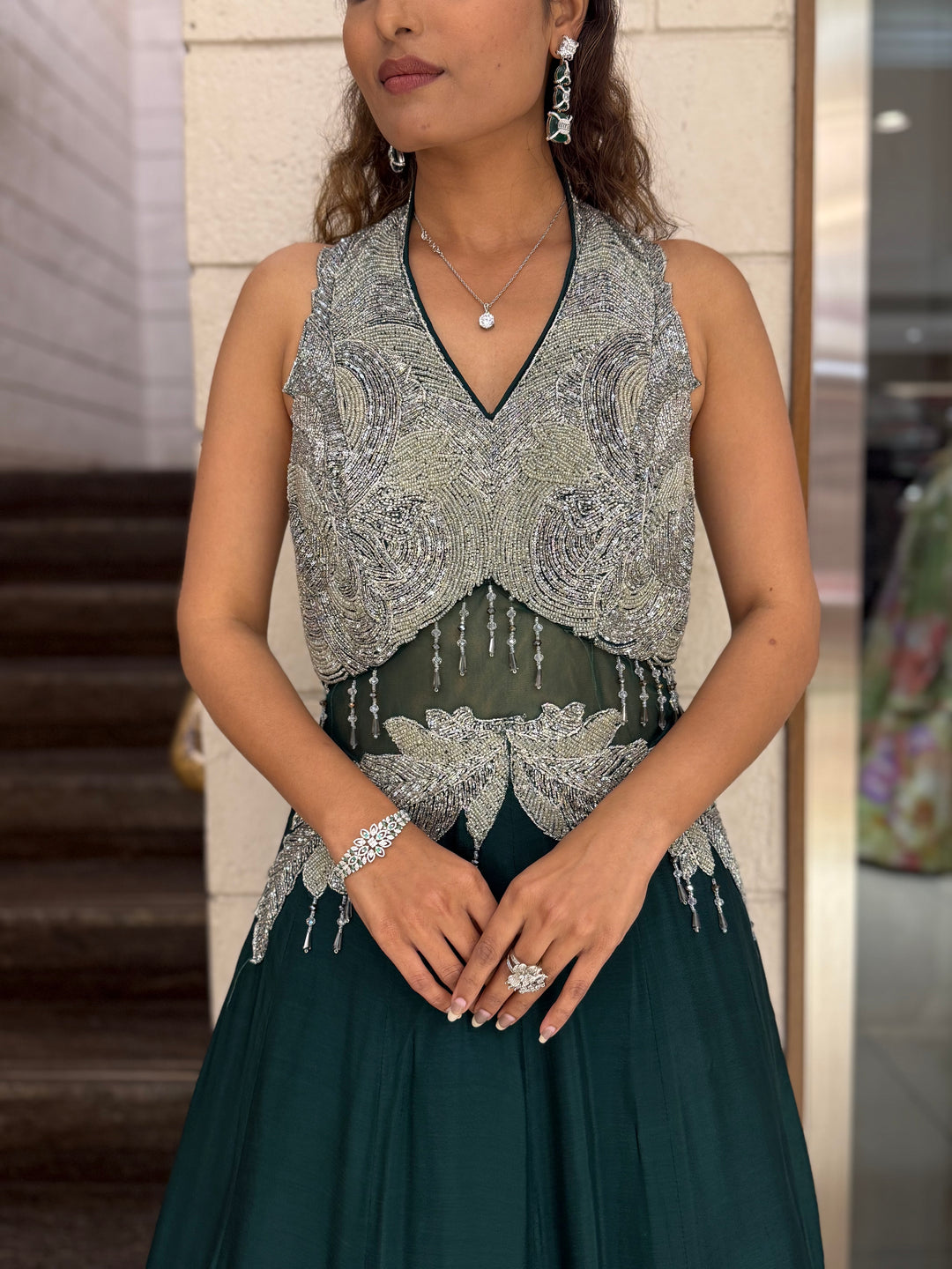 Silver Embellished Halter-Neck Designer Evening Gown