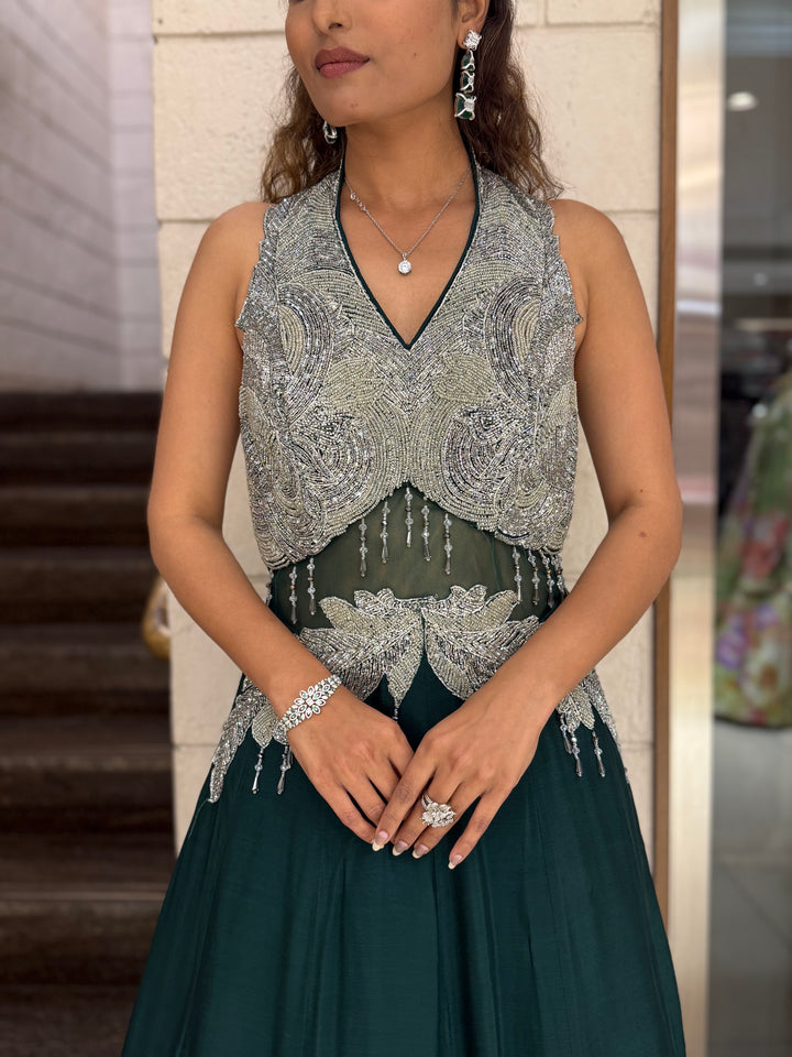 Silver Embellished Halter-Neck Designer Evening Gown