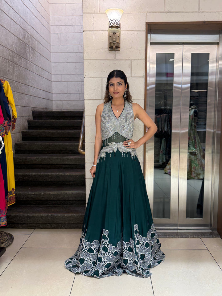 Silver Embellished Halter-Neck Designer Evening Gown