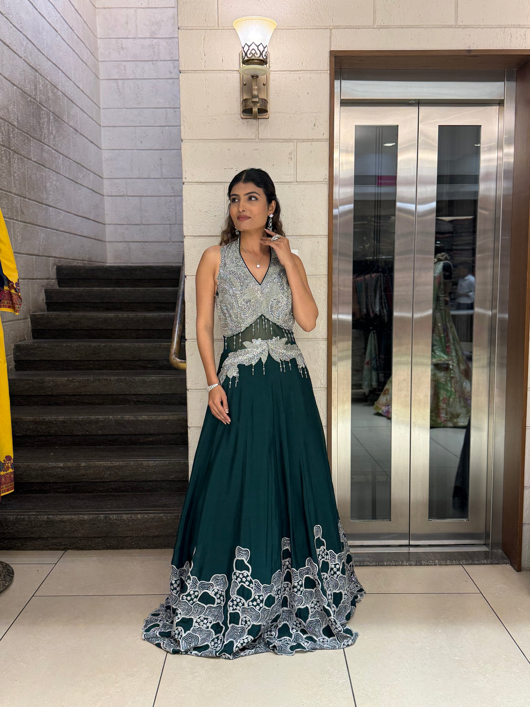 Silver Embellished Halter-Neck Designer Evening Gown