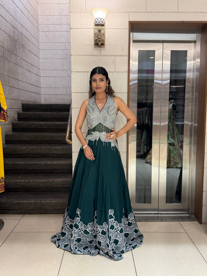 Silver Embellished Halter-Neck Designer Evening Gown