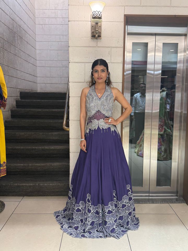 Silver Embellished Halter-Neck Designer Evening Gown