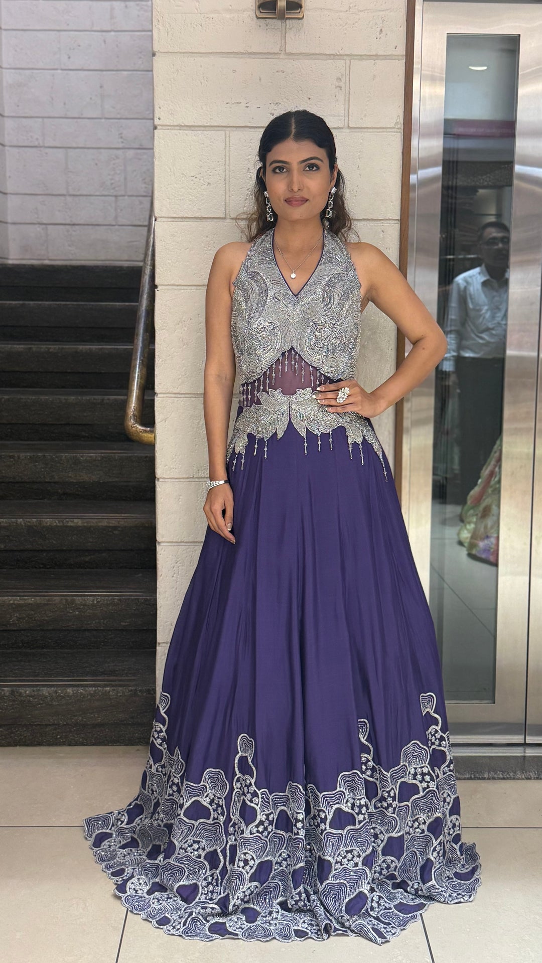 Silver Embellished Halter-Neck Designer Evening Gown