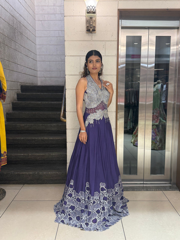 Silver Embellished Halter-Neck Designer Evening Gown