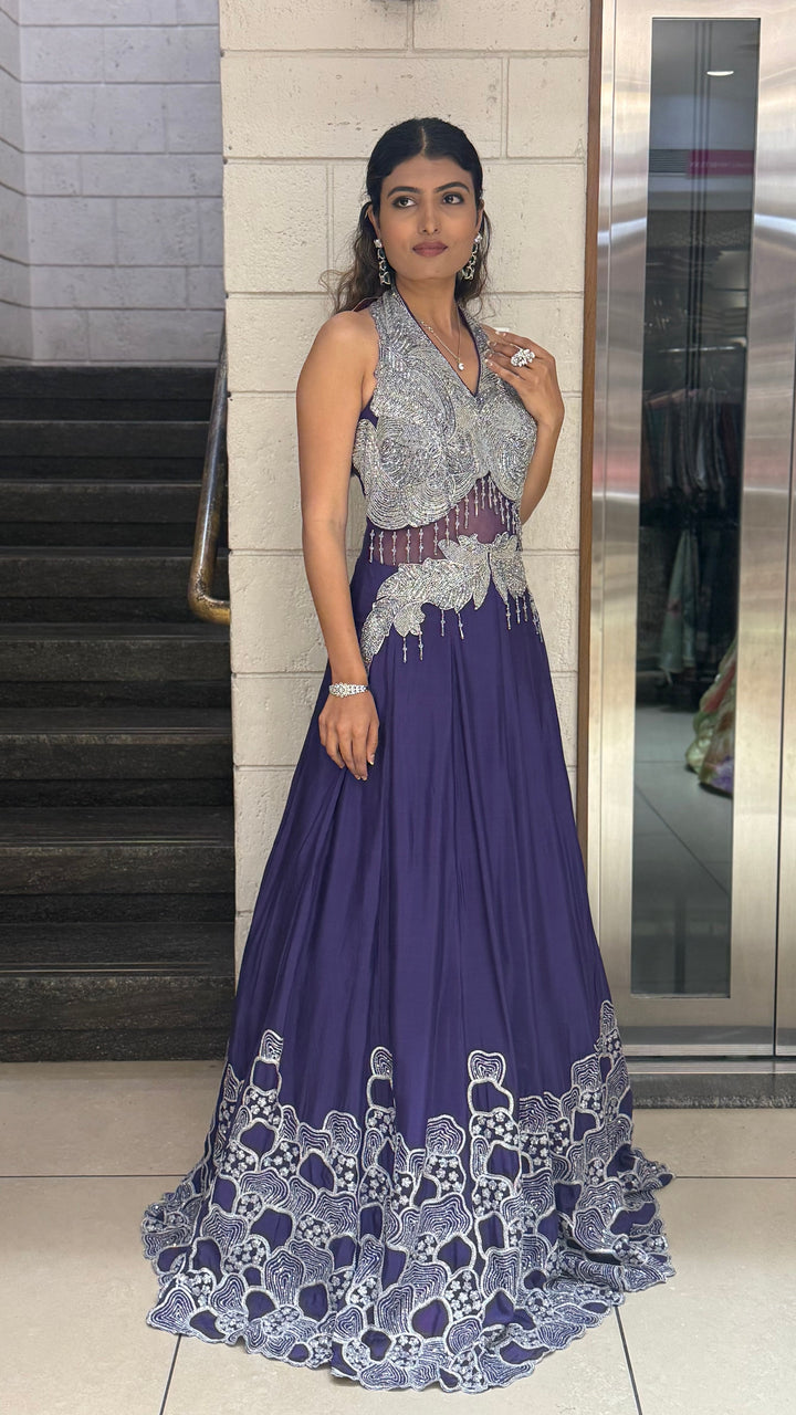 Silver Embellished Halter-Neck Designer Evening Gown