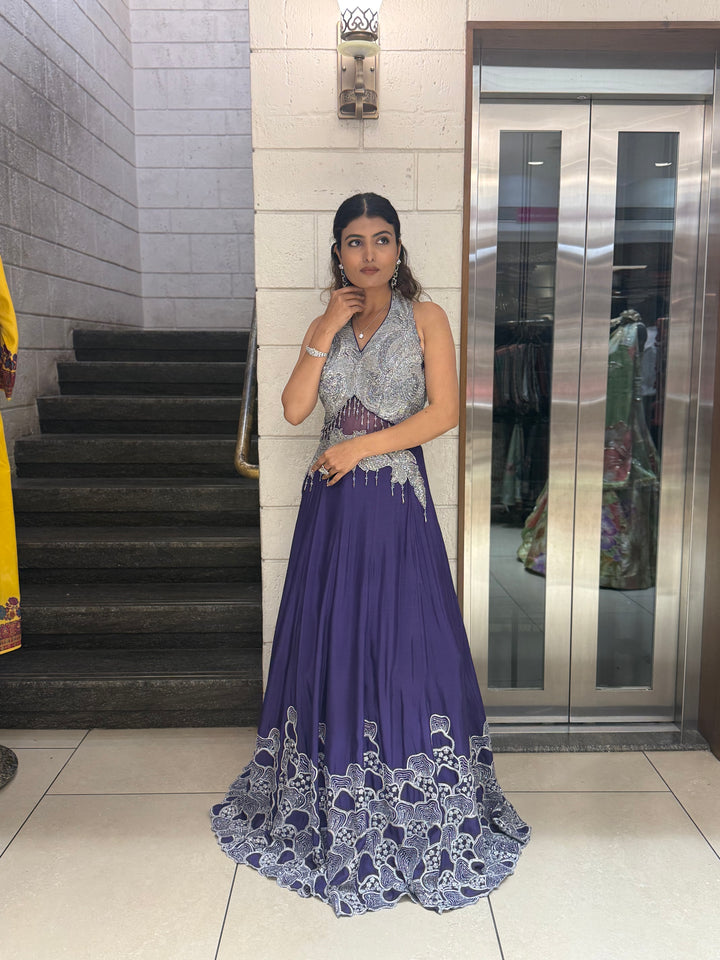 Silver Embellished Halter-Neck Designer Evening Gown