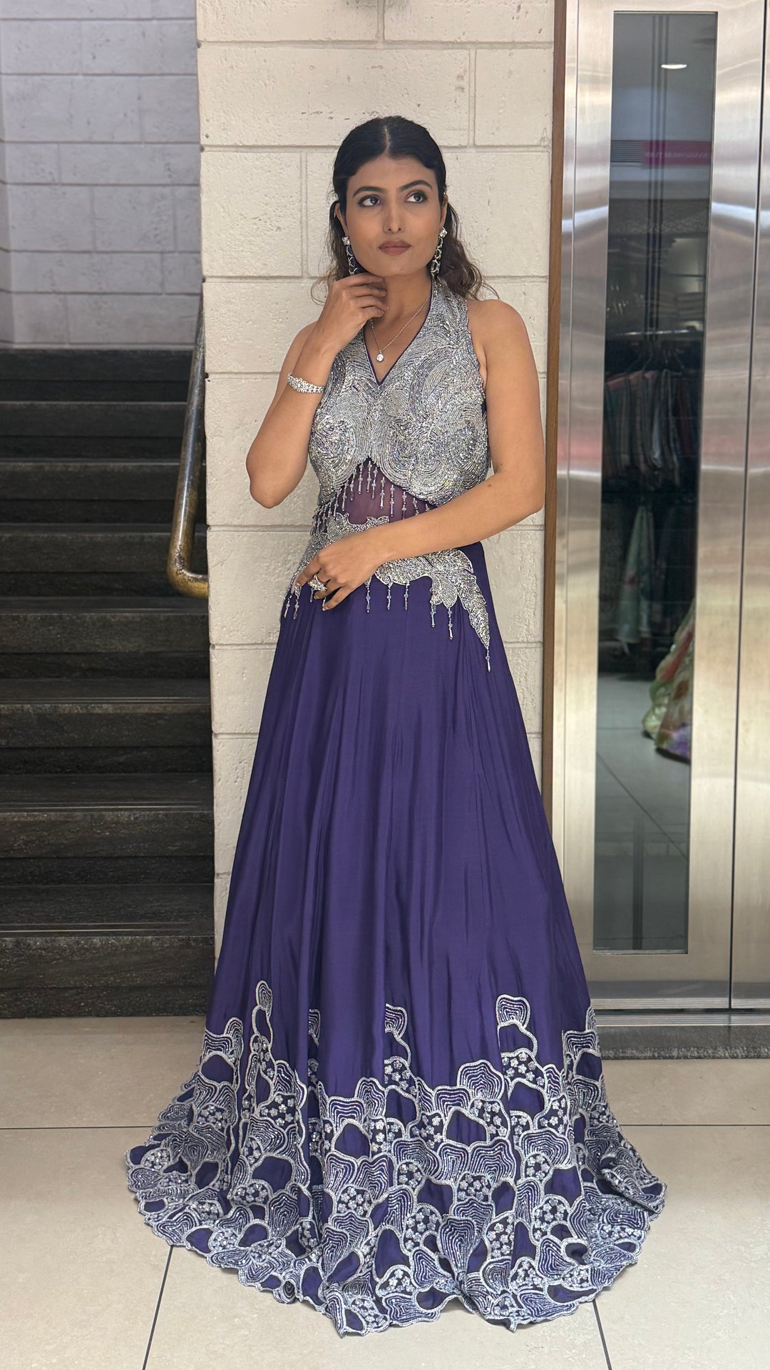 Silver Embellished Halter-Neck Designer Evening Gown