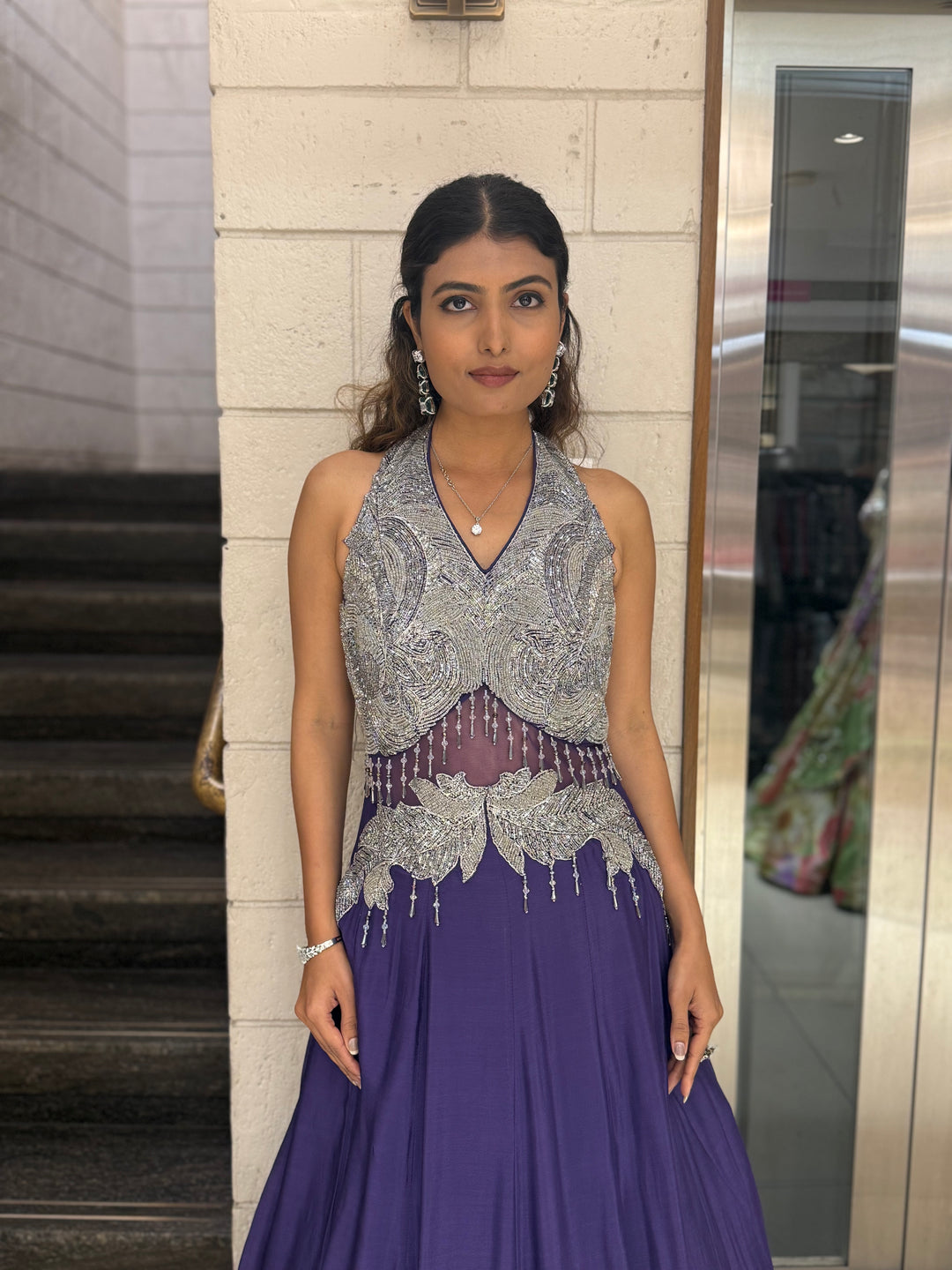 Silver Embellished Halter-Neck Designer Evening Gown