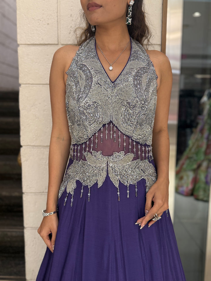 Silver Embellished Halter-Neck Designer Evening Gown