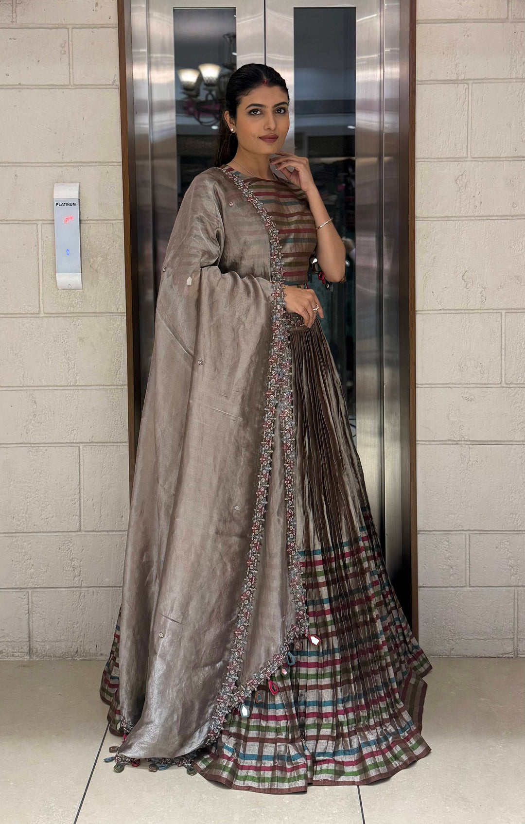 Mocha Brown Striped Silk Lehenga with Embroidered Dupatta
