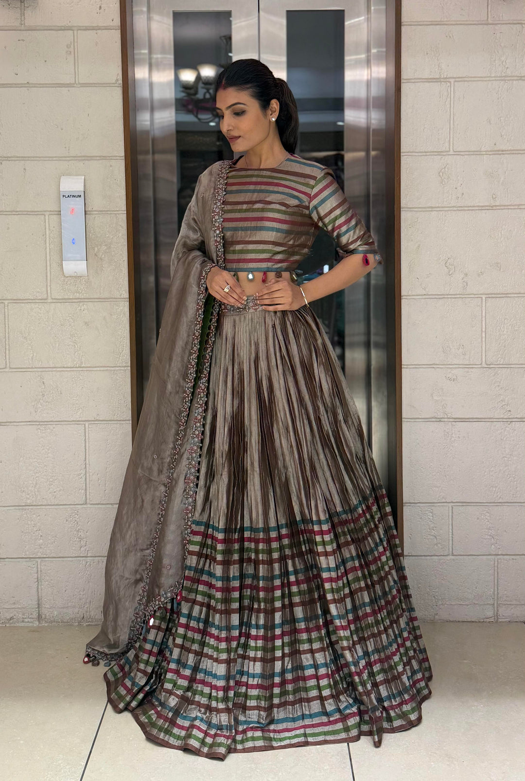 Mocha Brown Striped Silk Lehenga with Embroidered Dupatta