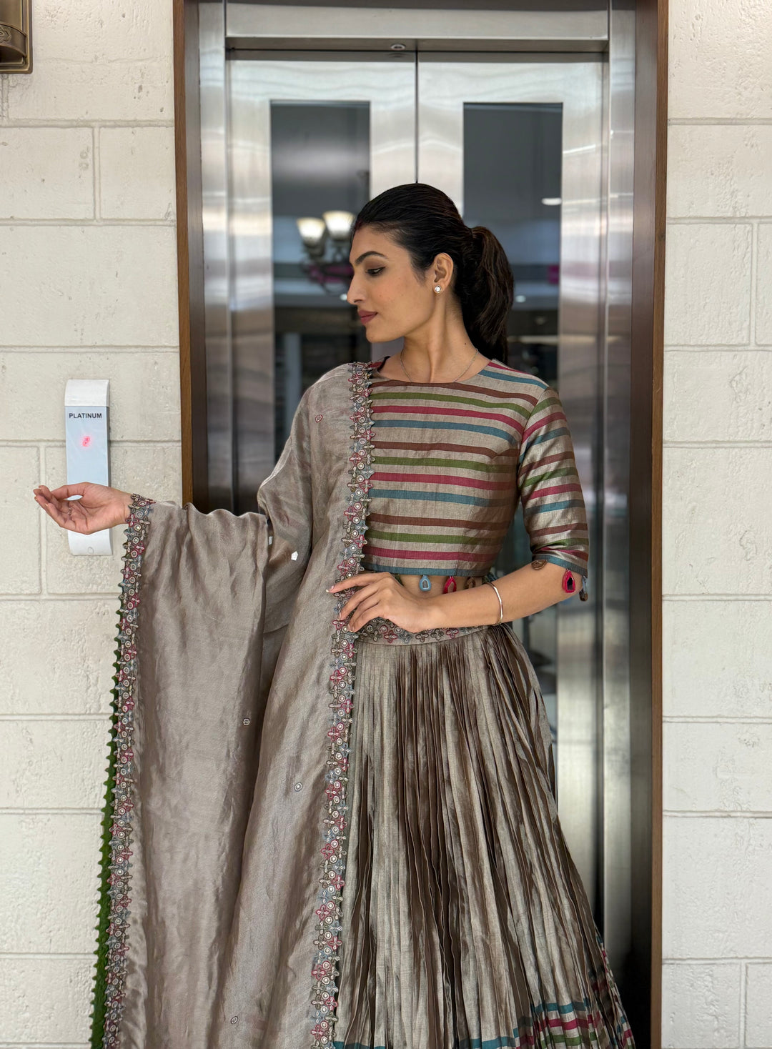 Mocha Brown Striped Silk Lehenga with Embroidered Dupatta