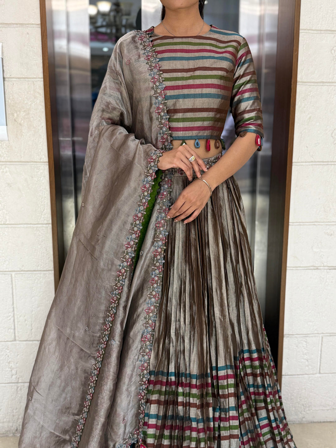 Mocha Brown Striped Silk Lehenga with Embroidered Dupatta