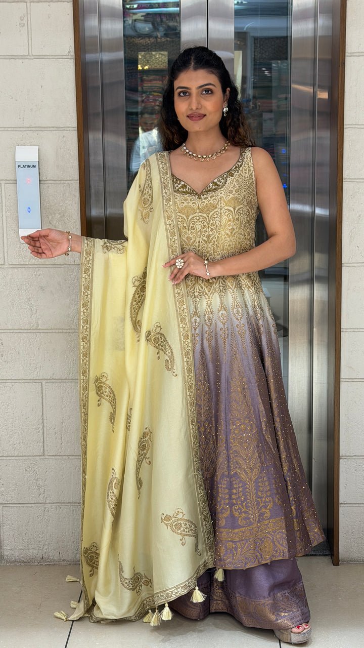 Elegant Ombre Anarkali Suit Set with Zari Embroidery & Dupatta