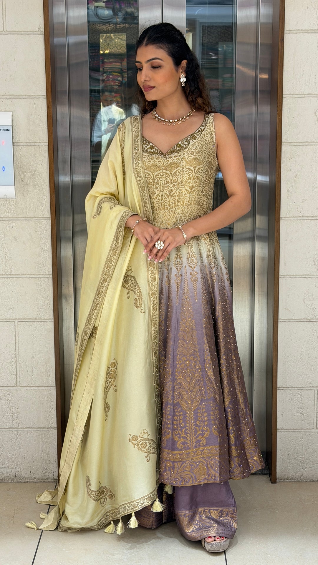 Elegant Ombre Anarkali Suit Set with Zari Embroidery & Dupatta