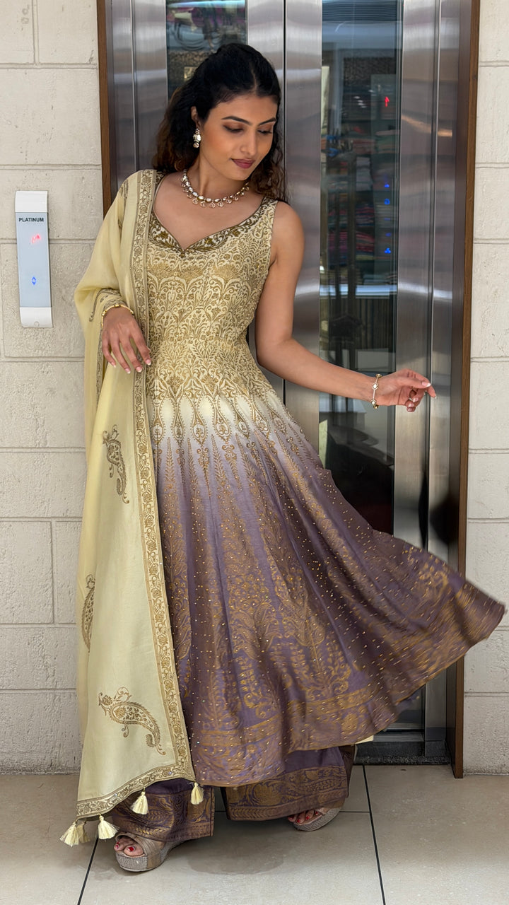 Elegant Ombre Anarkali Suit Set with Zari Embroidery & Dupatta