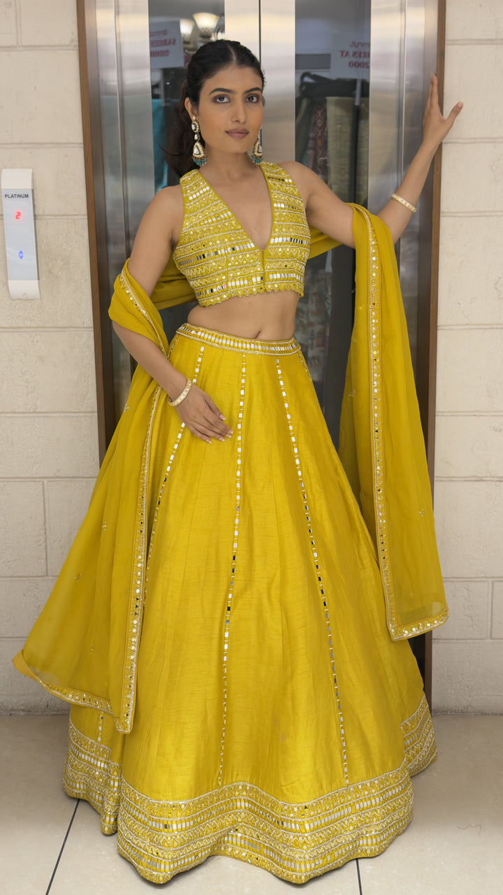 Yellow Mirror Work Lehenga Set with Embellished Blouse & Soft Organza Dupatta