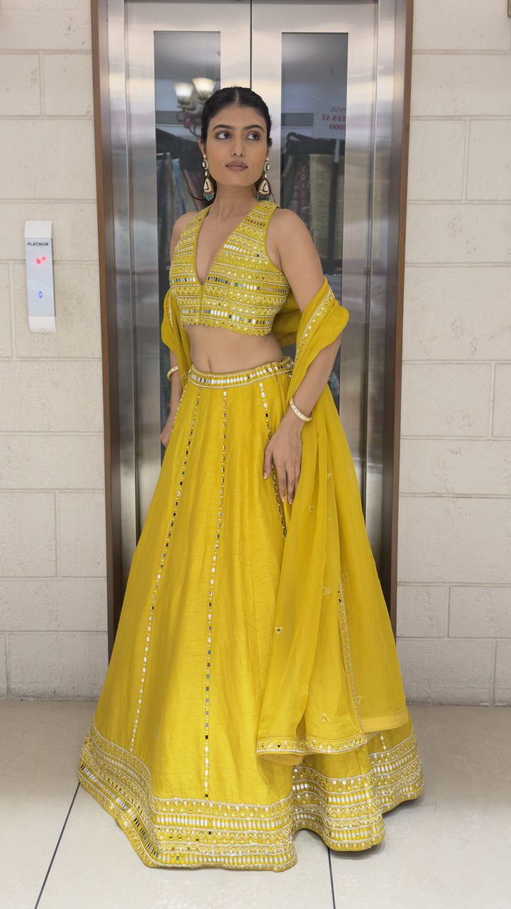 Yellow Mirror Work Lehenga Set with Embellished Blouse & Soft Organza Dupatta