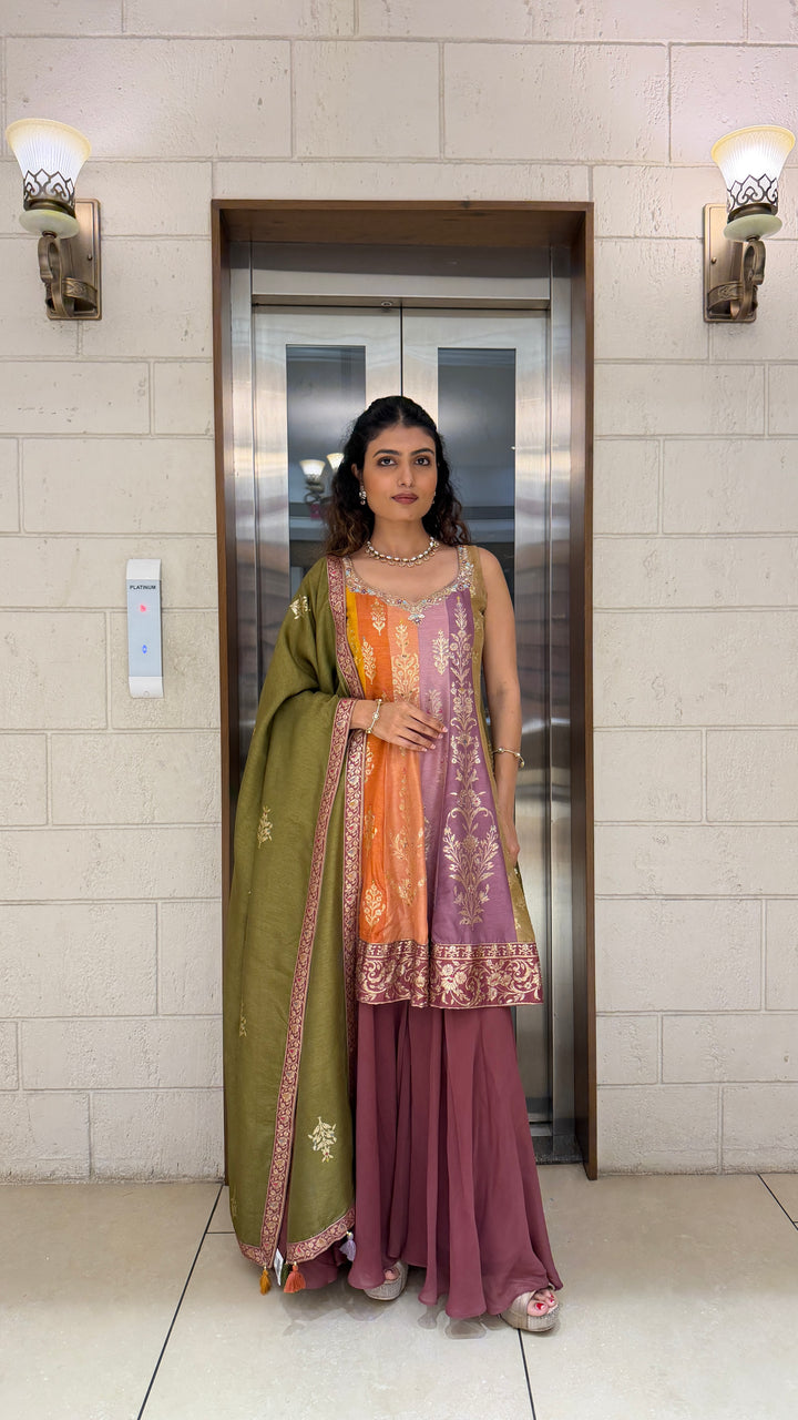 Elegant Multicolor Kurta Sharara Set with Embroidered Dupatta
