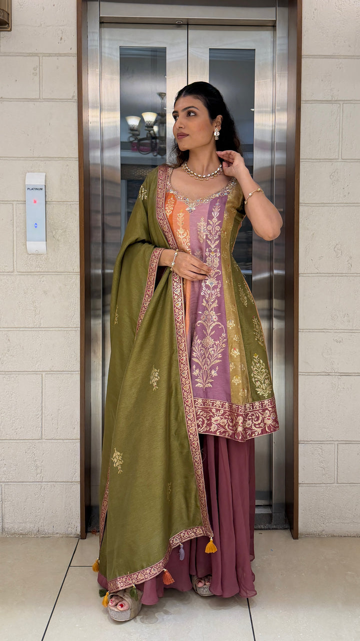 Elegant Multicolor Kurta Sharara Set with Embroidered Dupatta