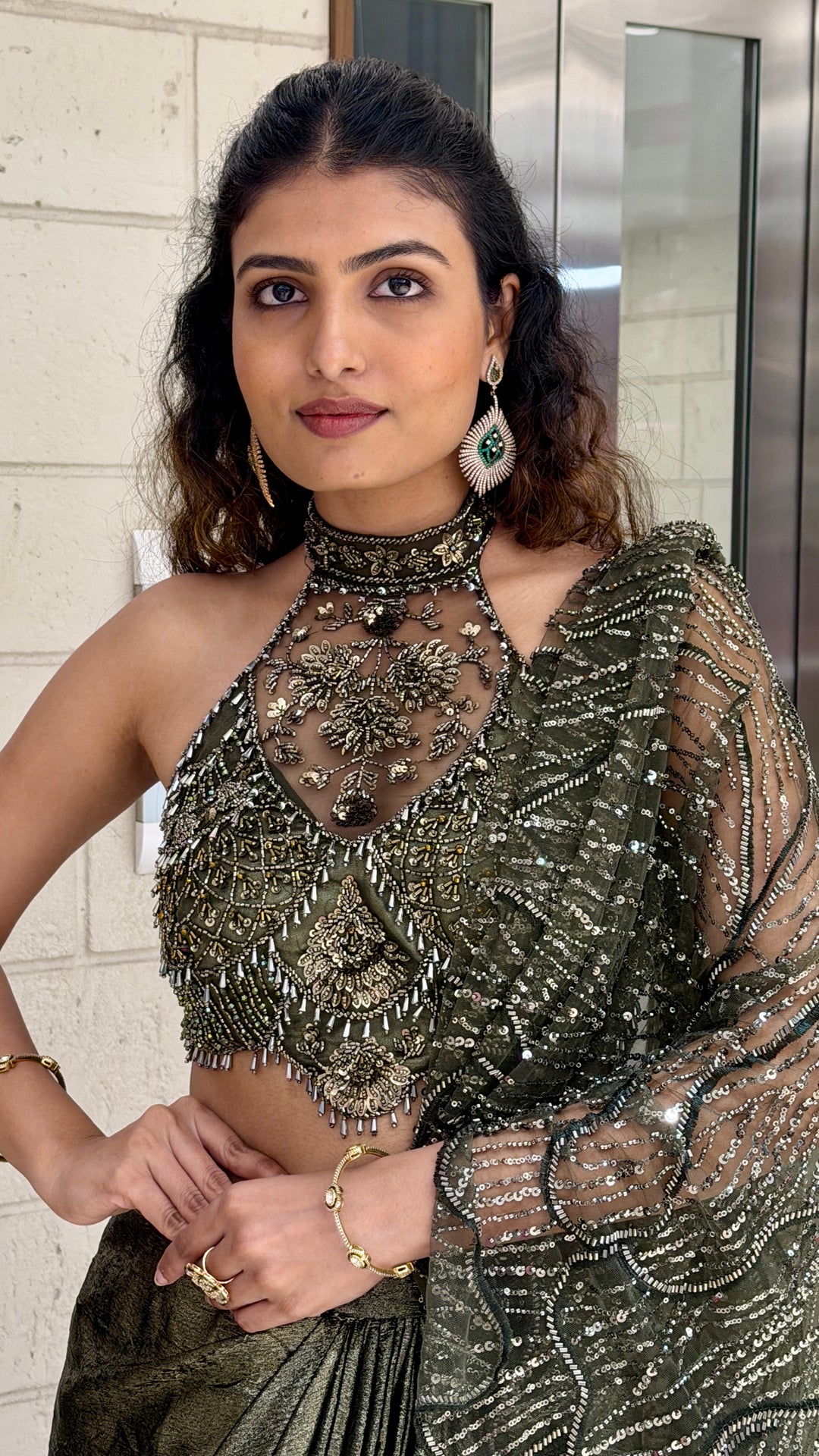 Luxury Metallic Grey Ready-to-Wear Saree with Heavy Embellished Halter Blouse
